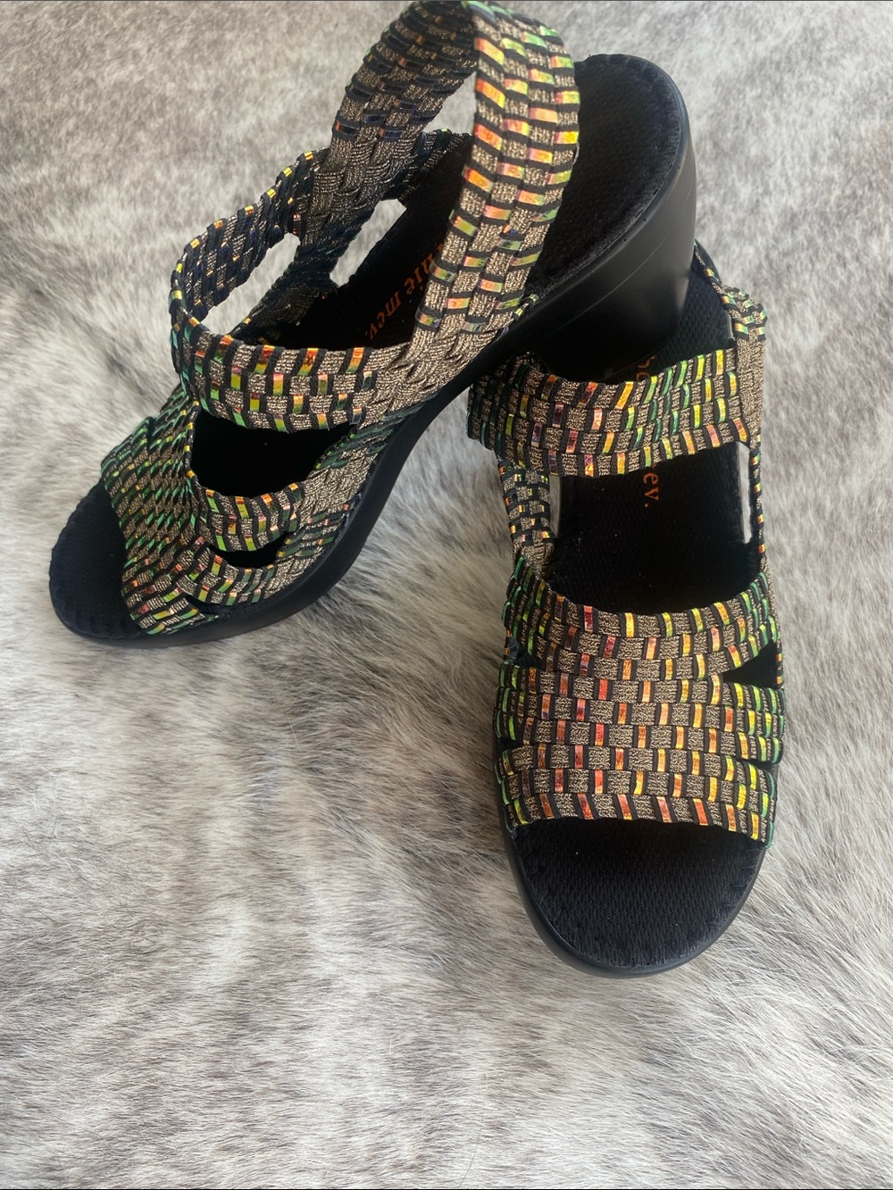 bernie mev. Black Woven Multi-Color Strappy Sandal with metallic orange